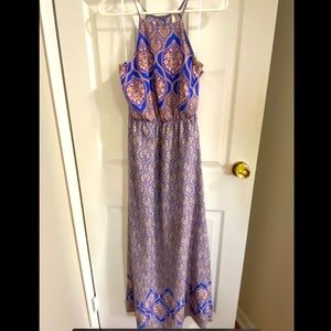 Blue and gold patterned maxi dress, size M
